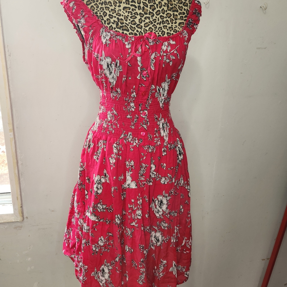 imPRESS Hot Pink Floral Midi Dress with Smocked Waist